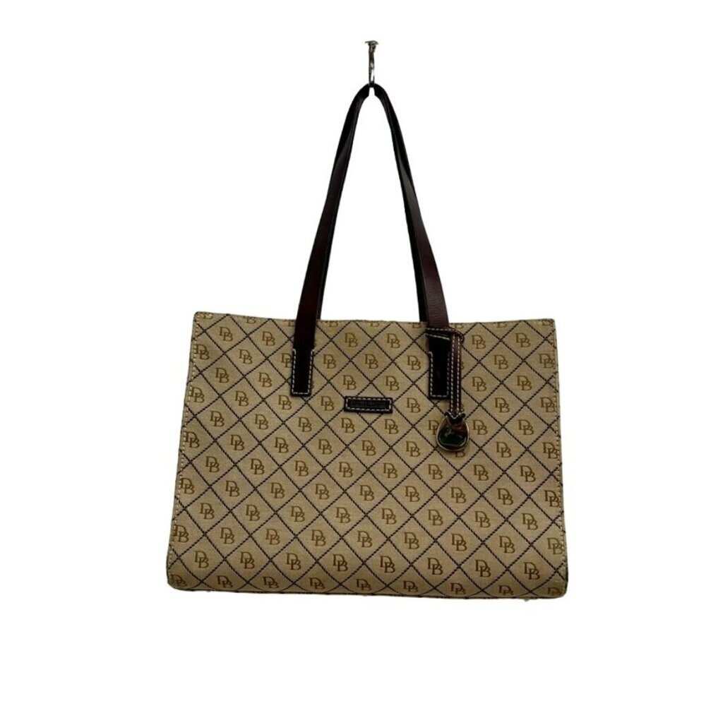 Numbered Dooney & Bourke Beige Logo Tote Bag With Brown Leather Straps and Trim - Picture 1 of 13